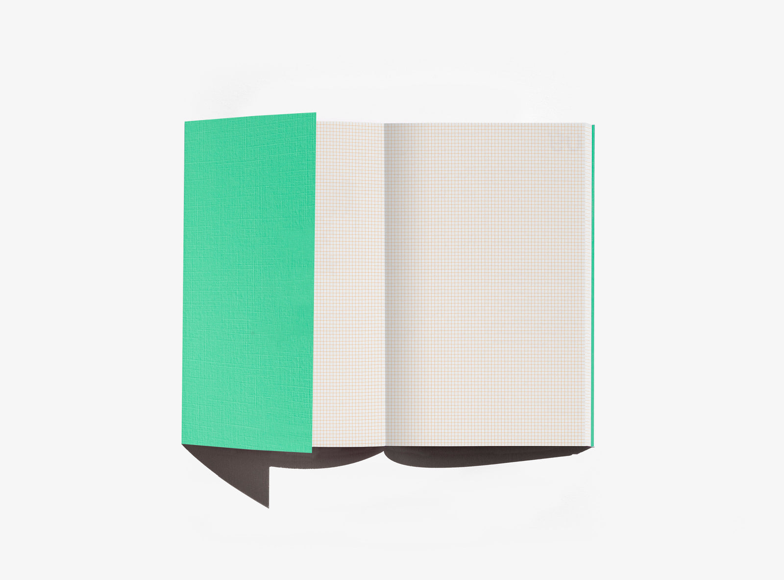 Open notebook with green cover and white pages on a white background