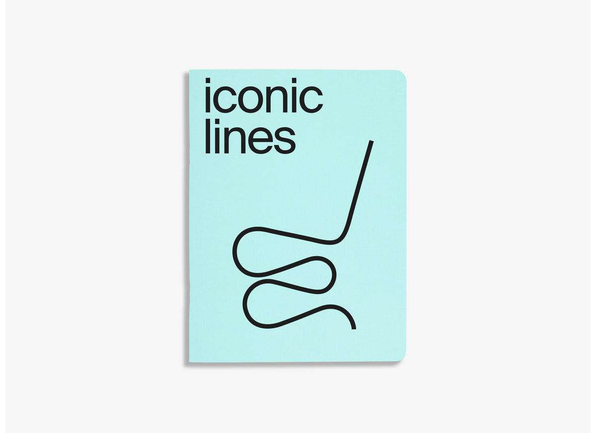 iconic lines notebook about iconic design pieces, blue cover on white background 