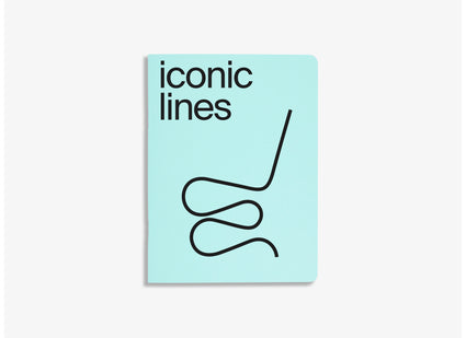 iconic lines notebook about iconic design pieces, blue cover on white background 