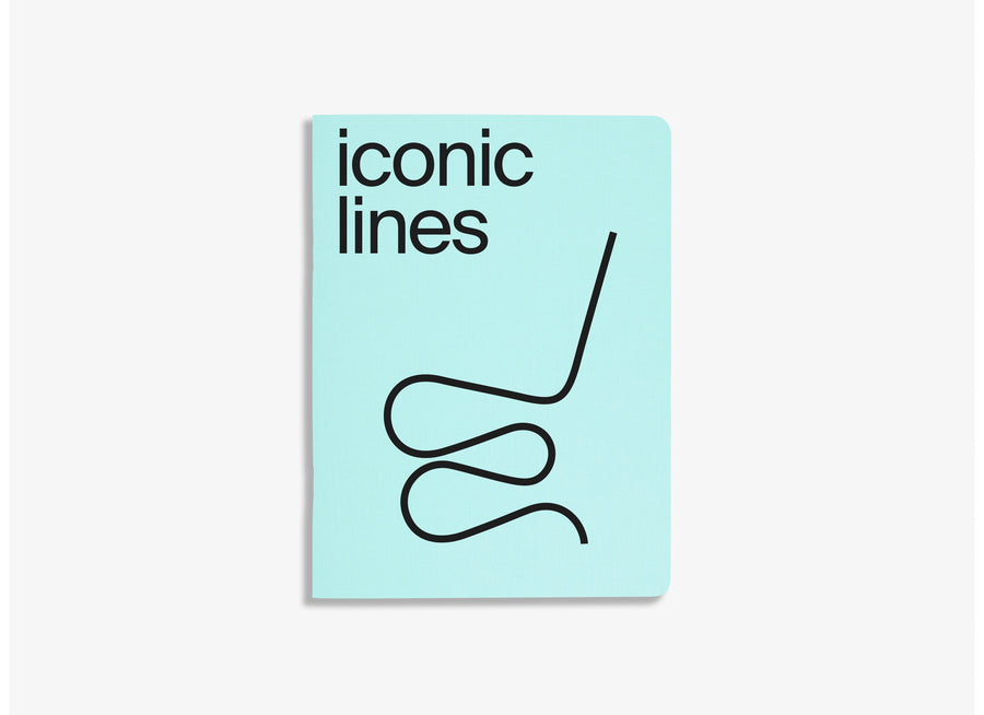 iconic lines notebook about iconic design pieces, blue cover on white background 