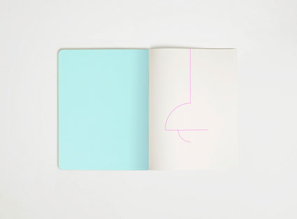 Open book with a light blue page and pink line drawing on a white background, drawing suggesting flowerpot lamp from panton,  the iconic design piece