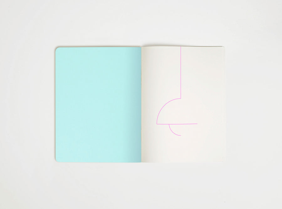 Open book with a light blue page and pink line drawing on a white background, drawing suggesting flowerpot lamp from panton,  the iconic design piece