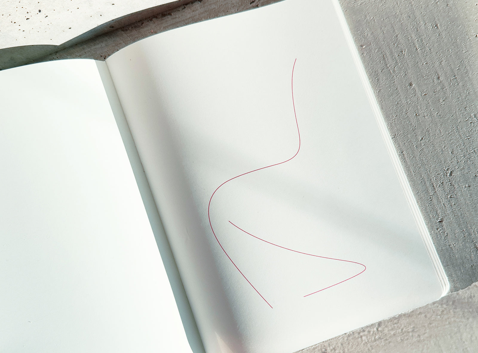 An open white notebook or book lying on a textured gray surface, with a thin pink abstract line drawing on the right page.