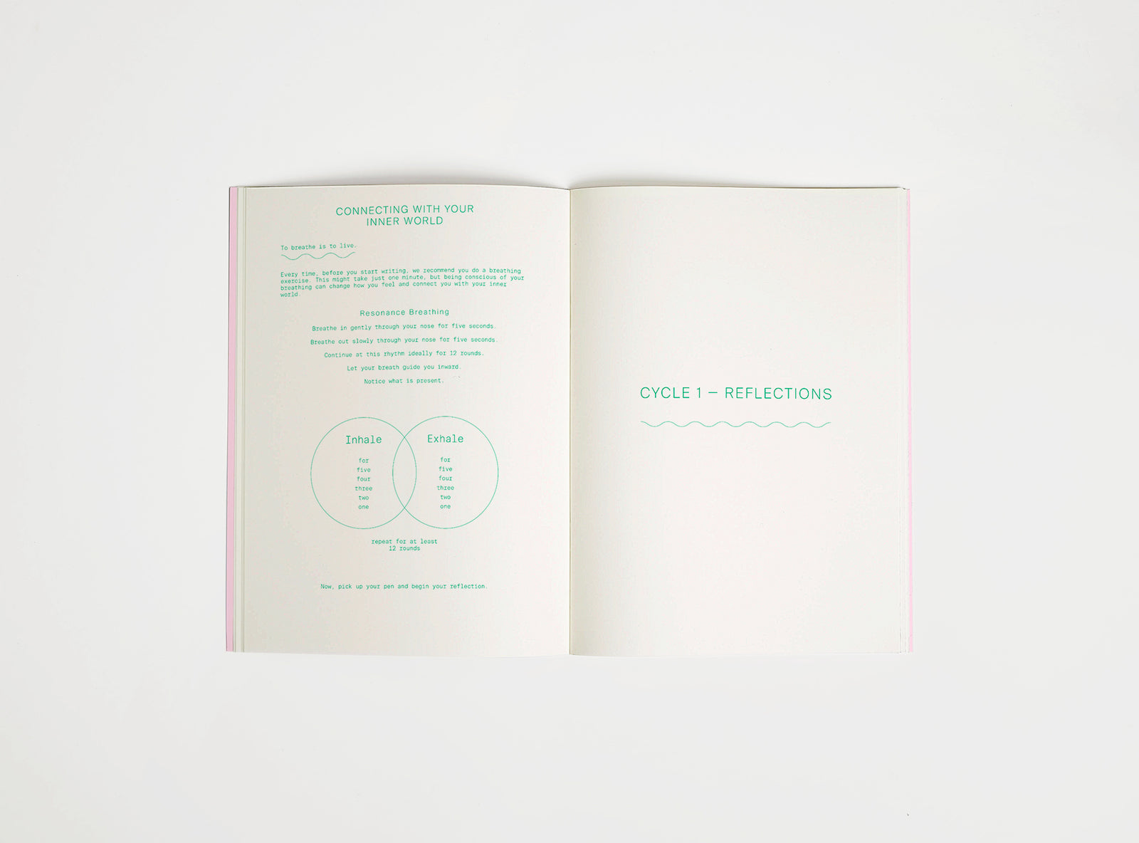 open spread of inner/outer work journal, green print on cream paper, open on white background. Journal is about finding a work-life balance