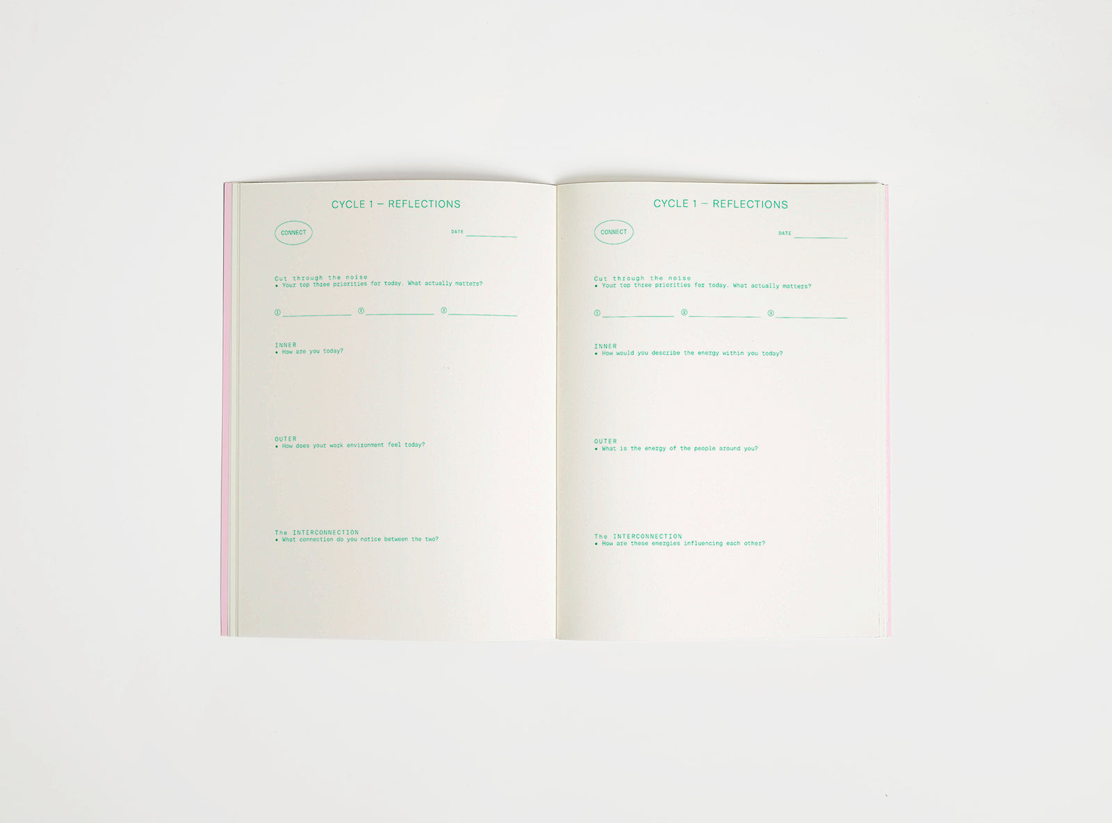 open spread of inner/outer work journal, green print on cream paper, open on white background. Journal is about finding a work-life balance