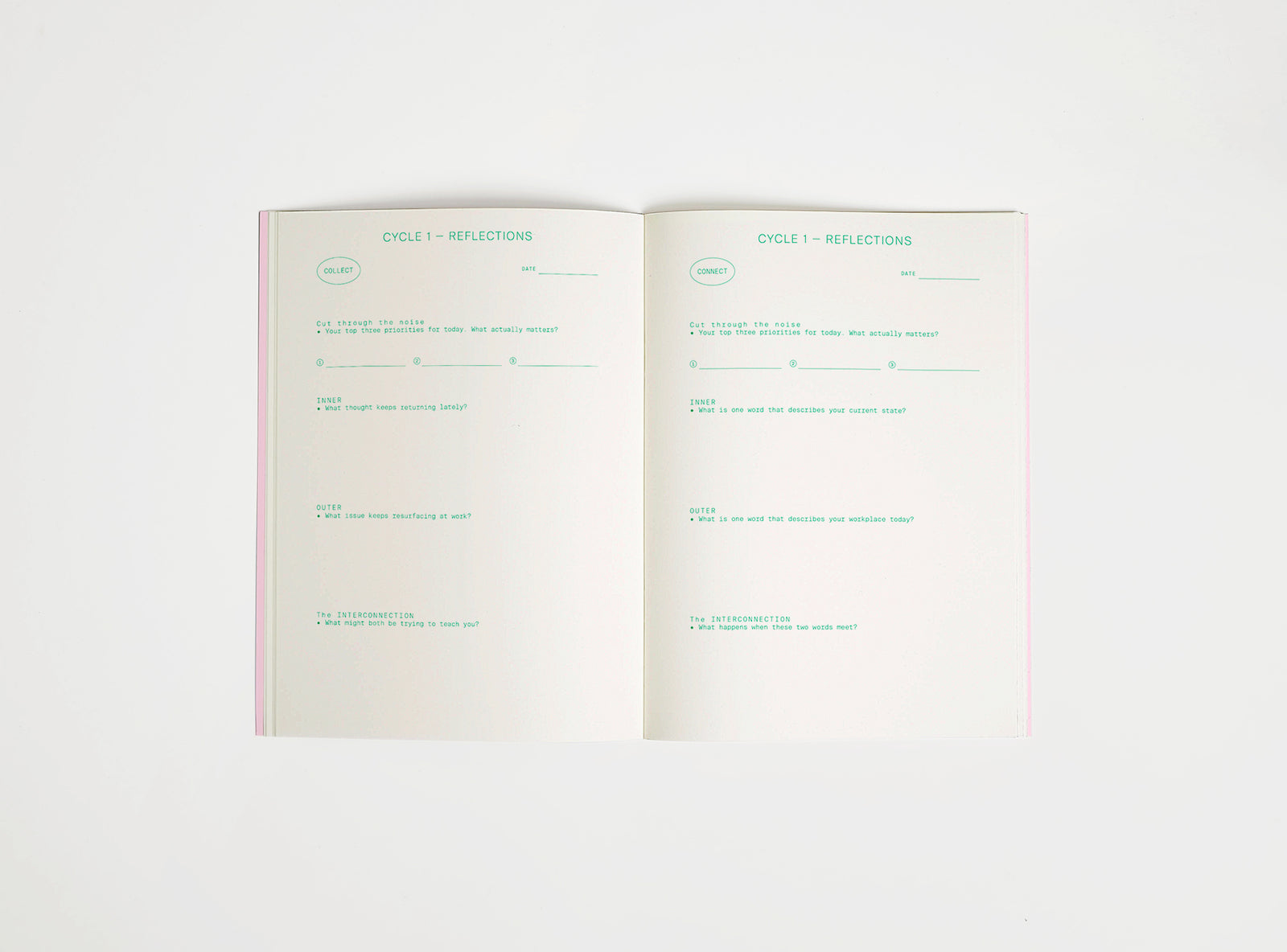 open spread of inner/outer work journal, green print on cream paper, open on white background. Journal is about finding a work-life balance