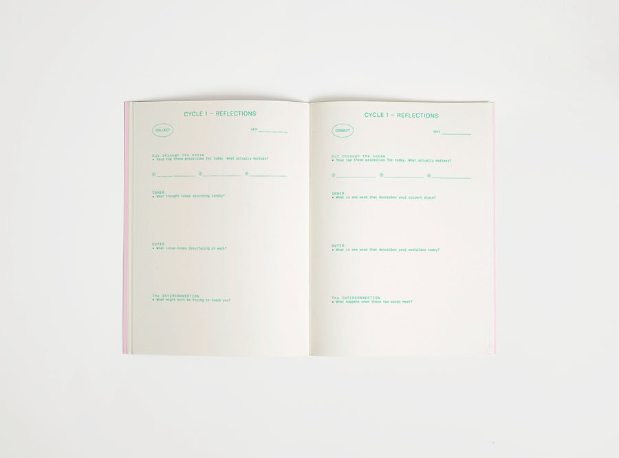 open spread of inner/outer work journal, green print on cream paper, open on white background. Journal is about finding a work-life balance