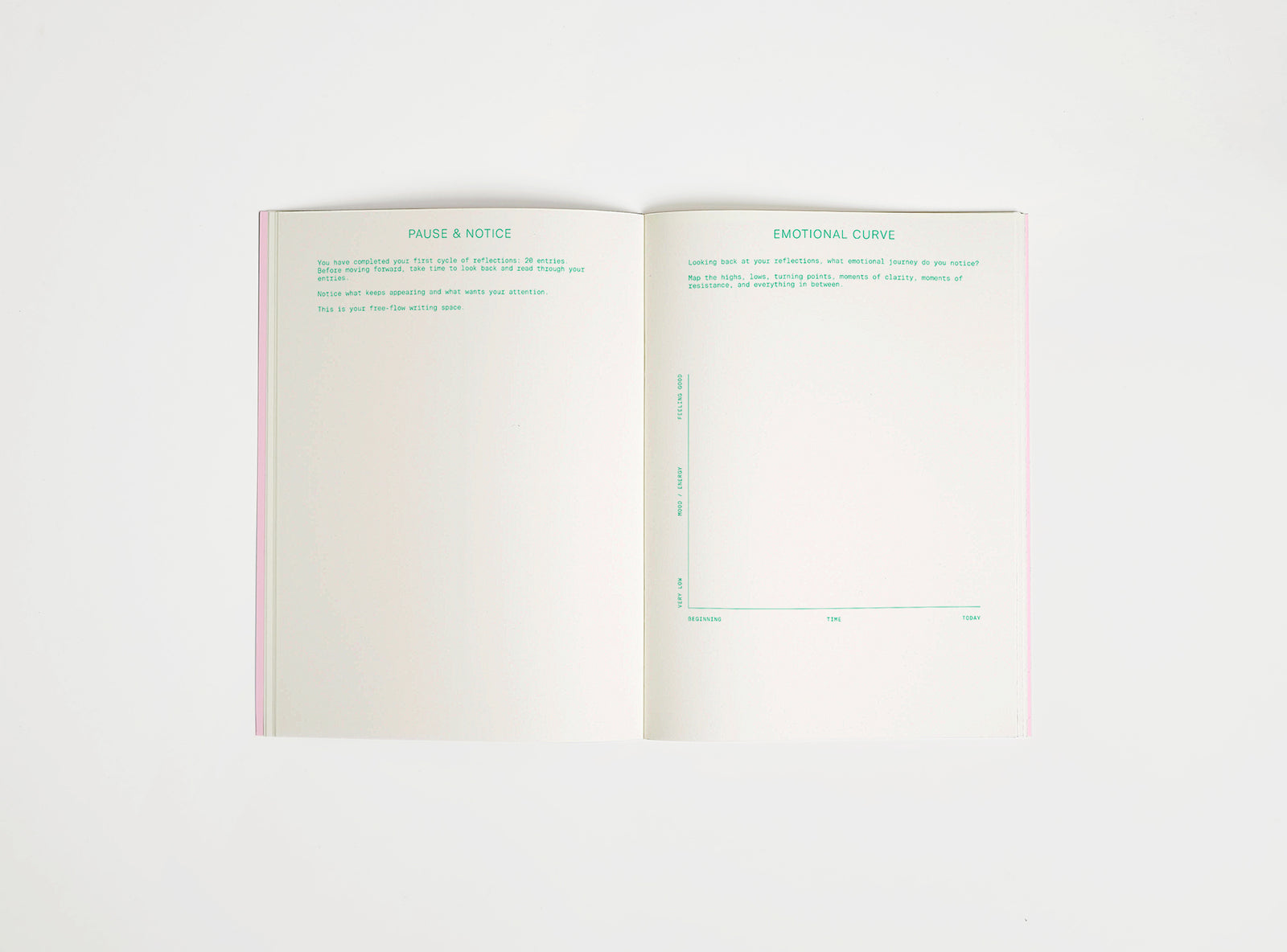 open spread of inner/outer work journal, green print on cream paper, open on white background. Journal is about finding a work-life balance