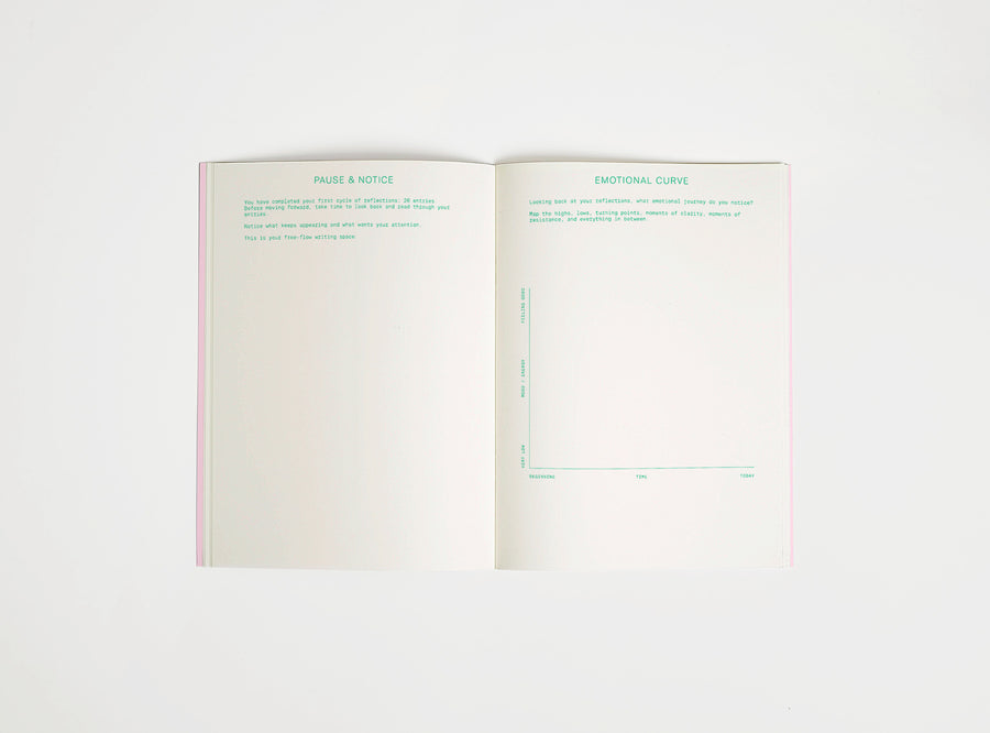 open spread of inner/outer work journal, green print on cream paper, open on white background. Journal is about finding a work-life balance