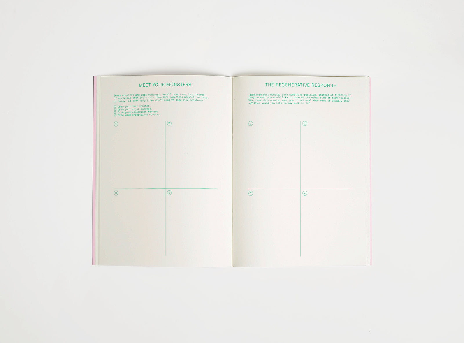 open spread of inner/outer work journal, green print on cream paper, open on white background. Journal is about finding a work-life balance