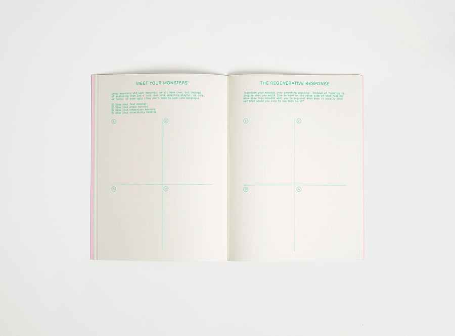 open spread of inner/outer work journal, green print on cream paper, open on white background. Journal is about finding a work-life balance