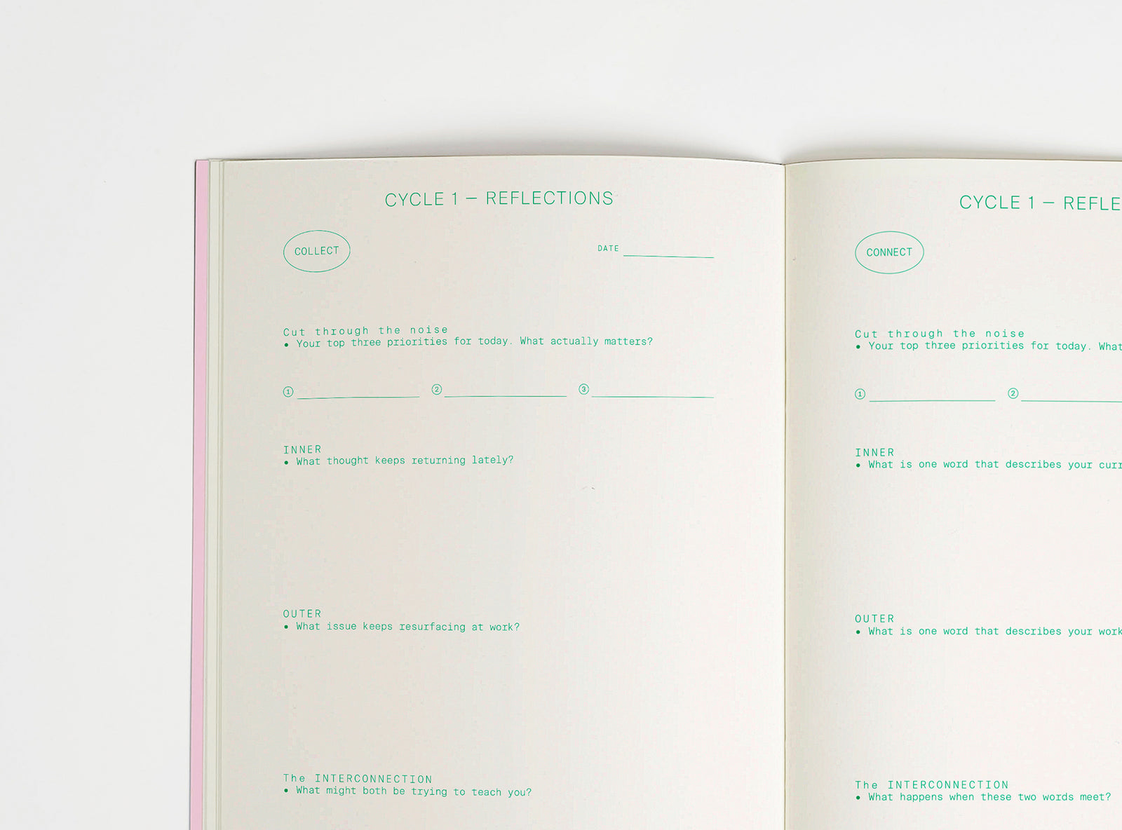 open spread of inner/outer work journal, green print on cream paper, open on white background. Journal is about finding a work-life balance