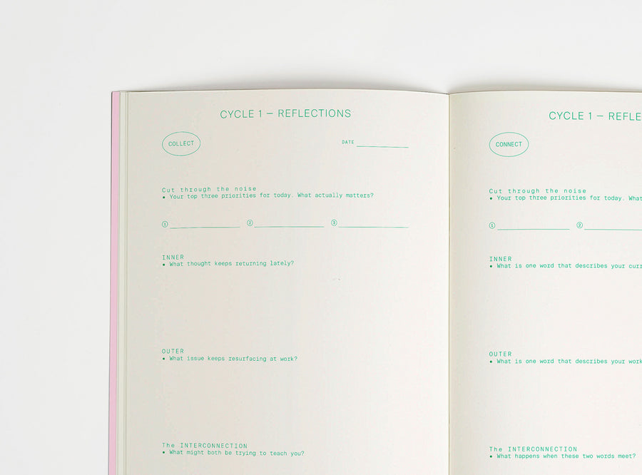 open spread of inner/outer work journal, green print on cream paper, open on white background. Journal is about finding a work-life balance