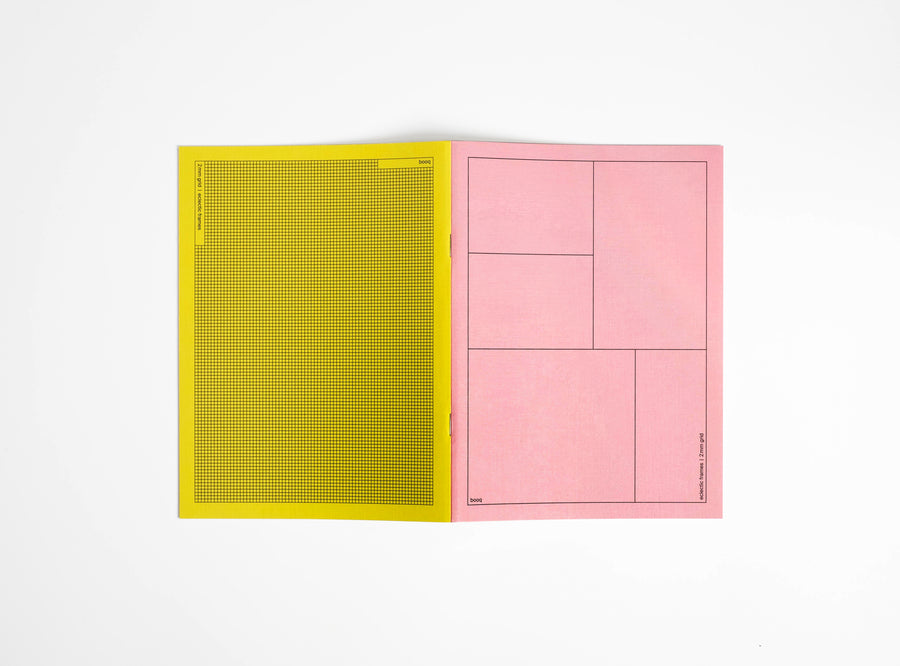 1 pink and yellow notebooks booq open to see the cover on a white background