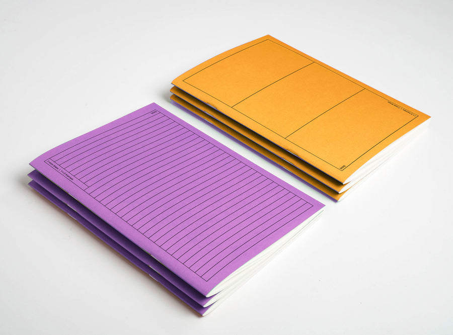 2 stack of notebook edition julie joliat booq, in colour purple and yellow on white background