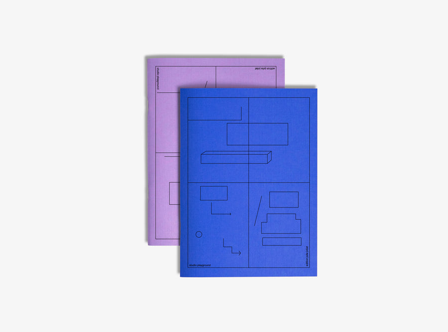 Notebook edition julie joliat x studio playground, front and back cover  in purple and in blue, with geometric line drawings on a white background.