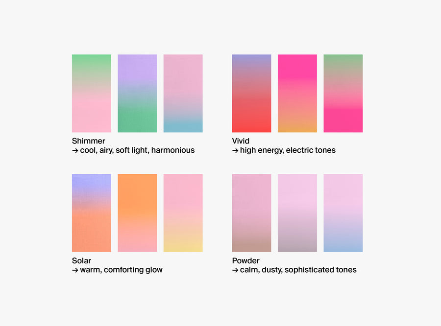 A color guide showing four sets of pastel gradient color blocks with labels: Shimmer (cool, airy, soft light, harmonious), Vivid (high energy, electric tones), Solar (warm, comforting glow), and Powder (calm, dusty, sophisticated tones).