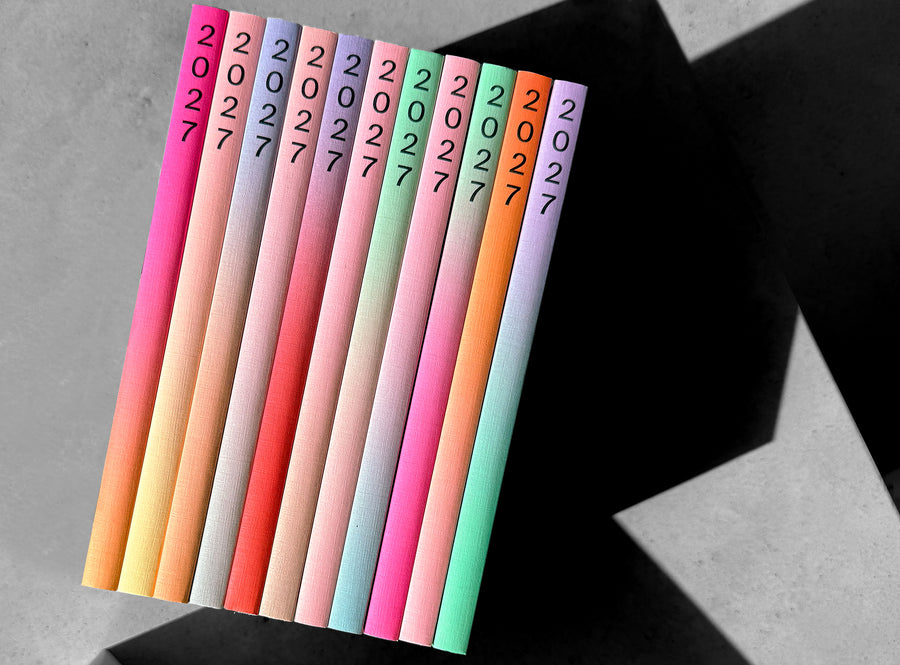 A set of twelve slim planner 2027 standing upright in a row, each with the year '2027' printed vertically in black on the front cover. The spines are in different pastel and bright colors including pink, orange, yellow, white, blue, green, and purple, arranged on a grey surface with strong shadow.