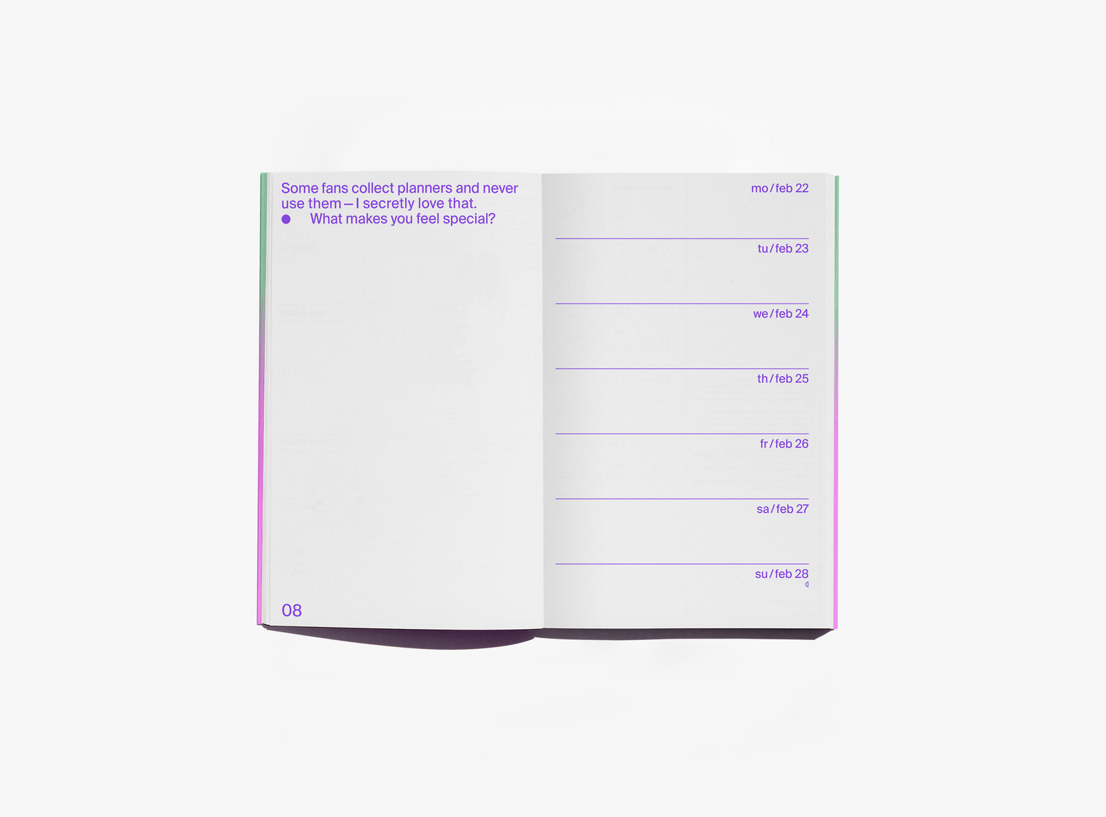 An open edition julie joliat planner agenda 2027 showing a page with purple text on the left and a weekly schedule layout on the right, photographed on a clean white background.