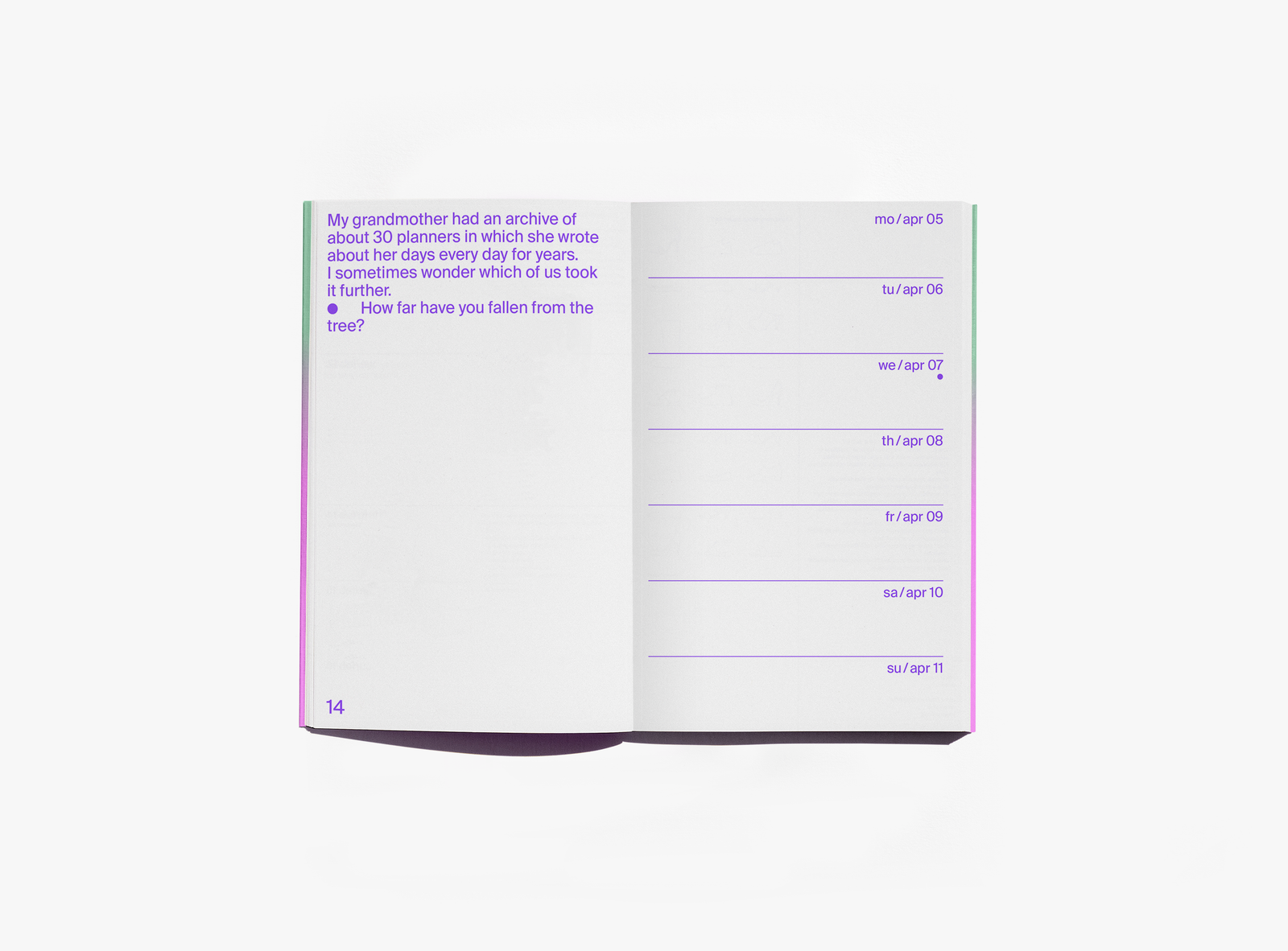 An open edition julie joliat planner agenda 2027 showing a page with purple text on the left and a weekly schedule layout on the right, photographed on a clean white background.