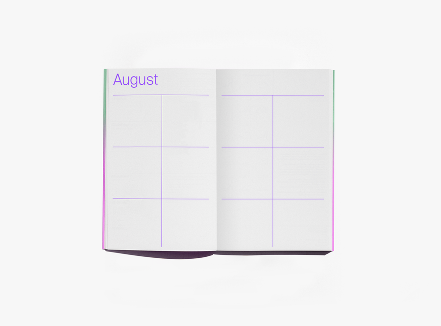 An open edition julie joliat planner agenda 2027  showing the August goal setting page with empty frames printed light purple lines, photographed on a clean white background.