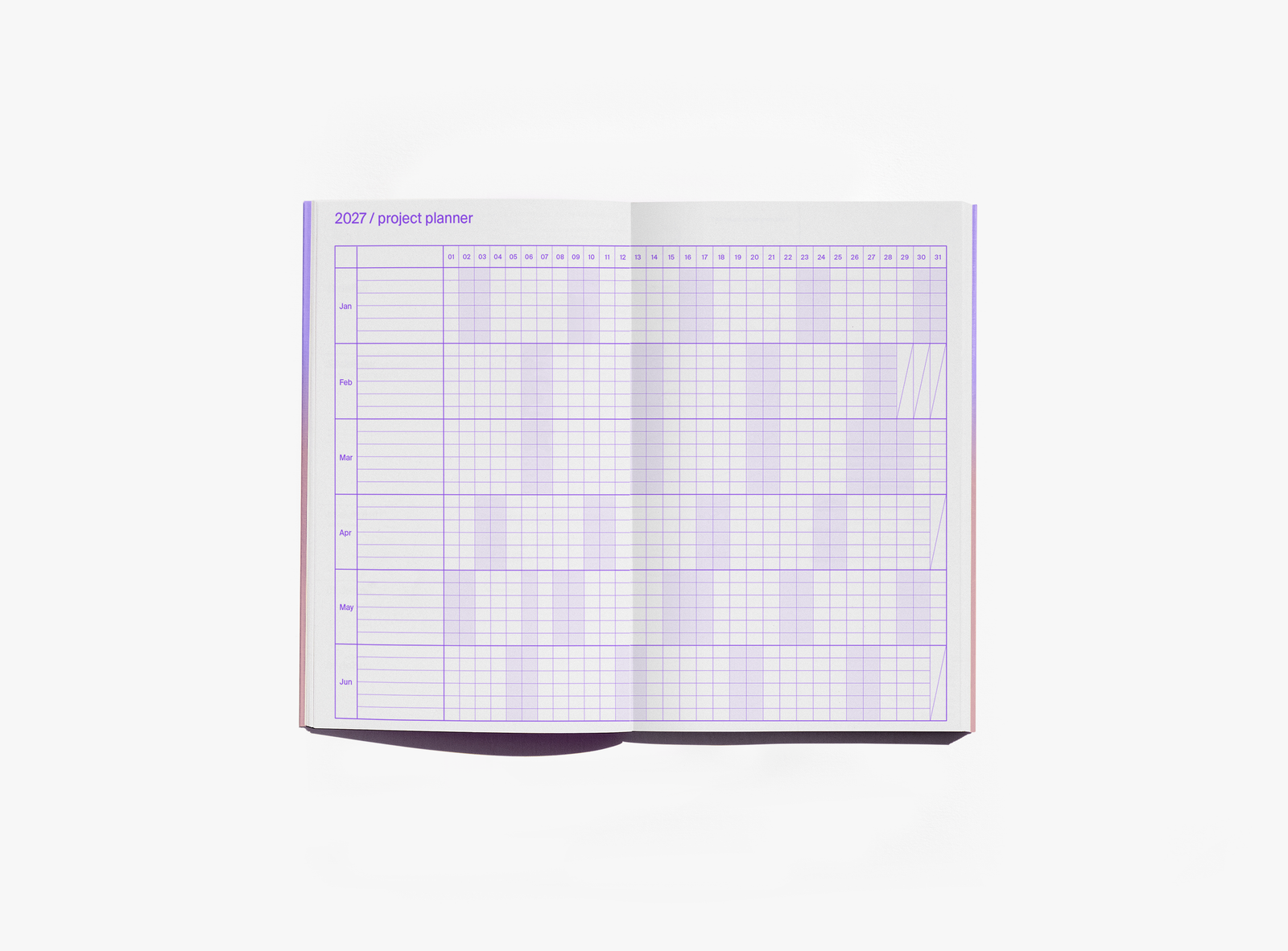 edition julie joliat planner agenda 2027 'once upon today' open with purple text inside and gradient cover — on a white background.