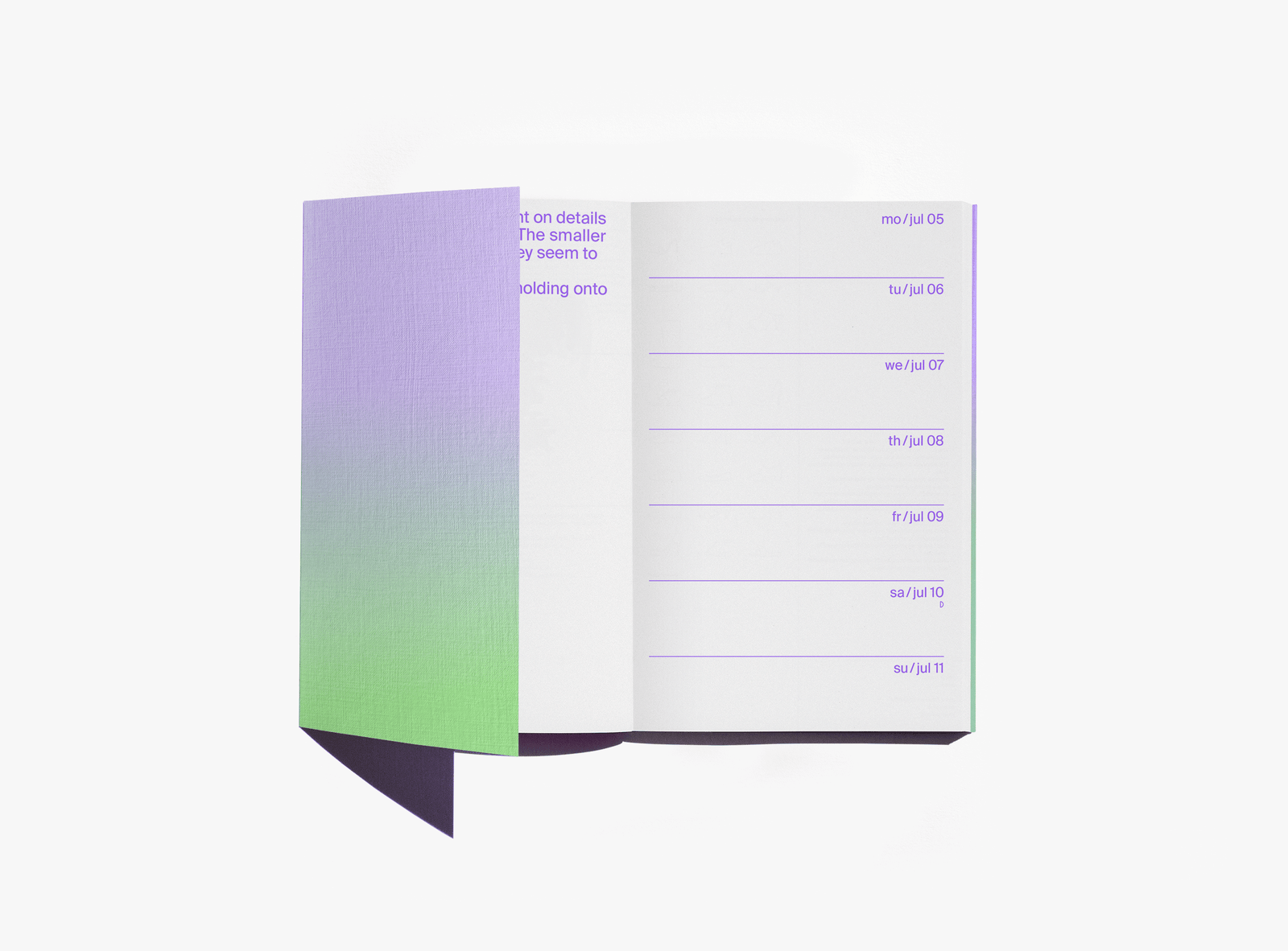 edition julie joliat planner agenda 2027 'once upon today' open with purple text inside and gradient flap — on a white background.
