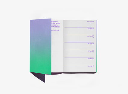 edition julie joliat planner agenda 2027 'once upon today' open with purple text inside and gradient flap — on a white background.