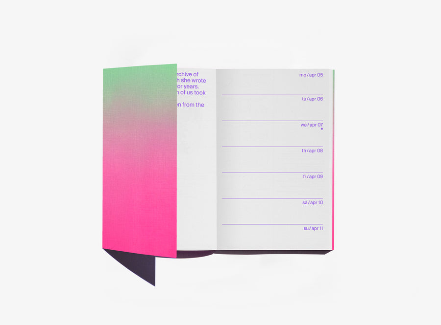 edition julie joliat planner agenda 2027 'once upon today' open with purple text inside and gradient flap — on a white background.