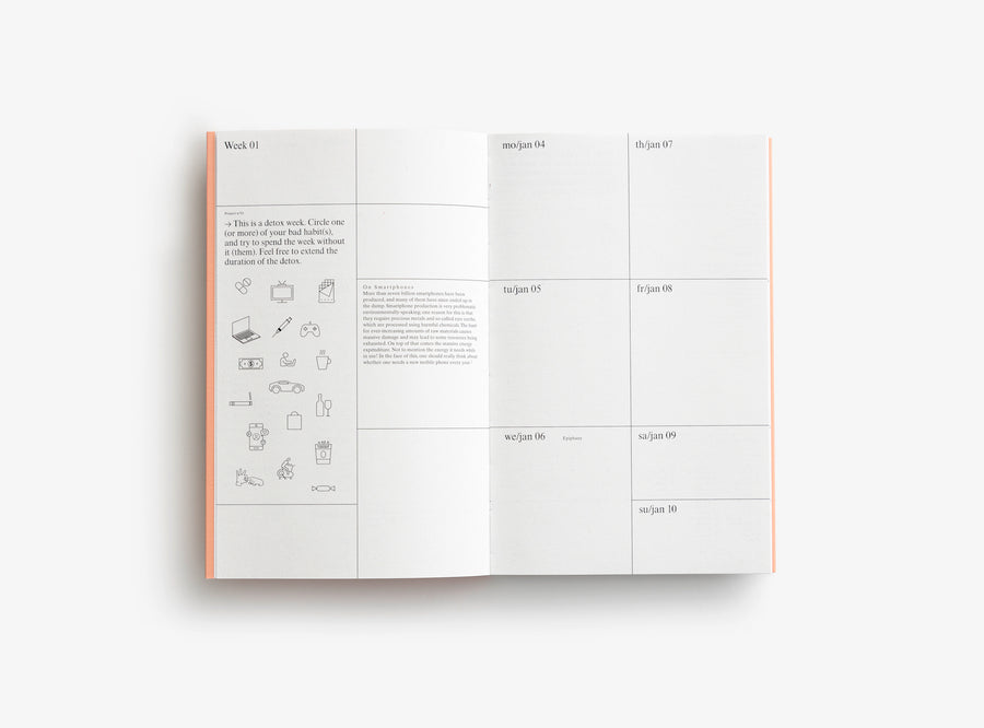 Spread of our 2021 planner with the week view and illustrations.