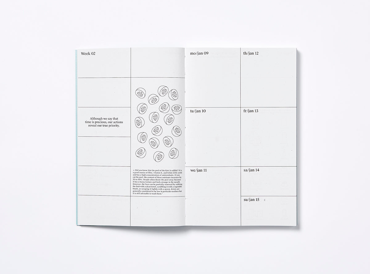 Spread of our 2023 planner with the week view and illustrations.