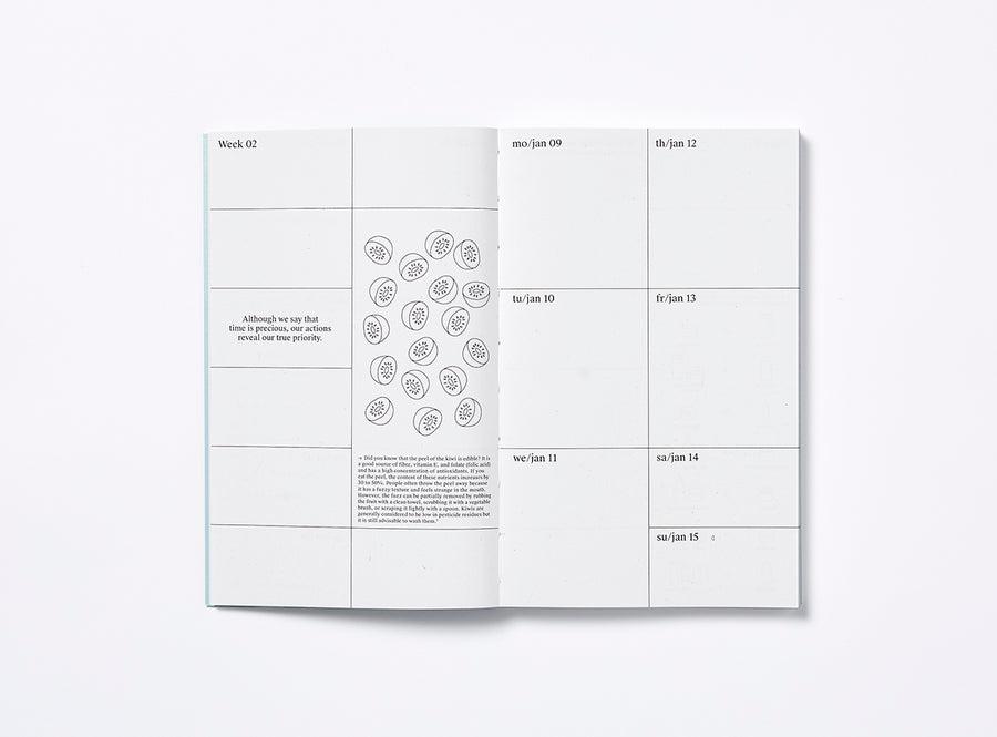 Spread of our 2023 planner with the week view and illustrations.