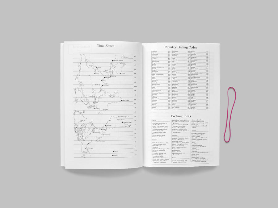 Spread from our 2018 planner showing the time zones, country dealing codes and cooking ideas.