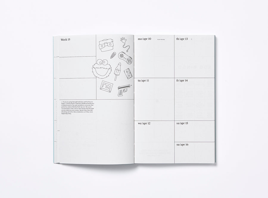 Spread of our 2023 planner with the week view and illustrations.