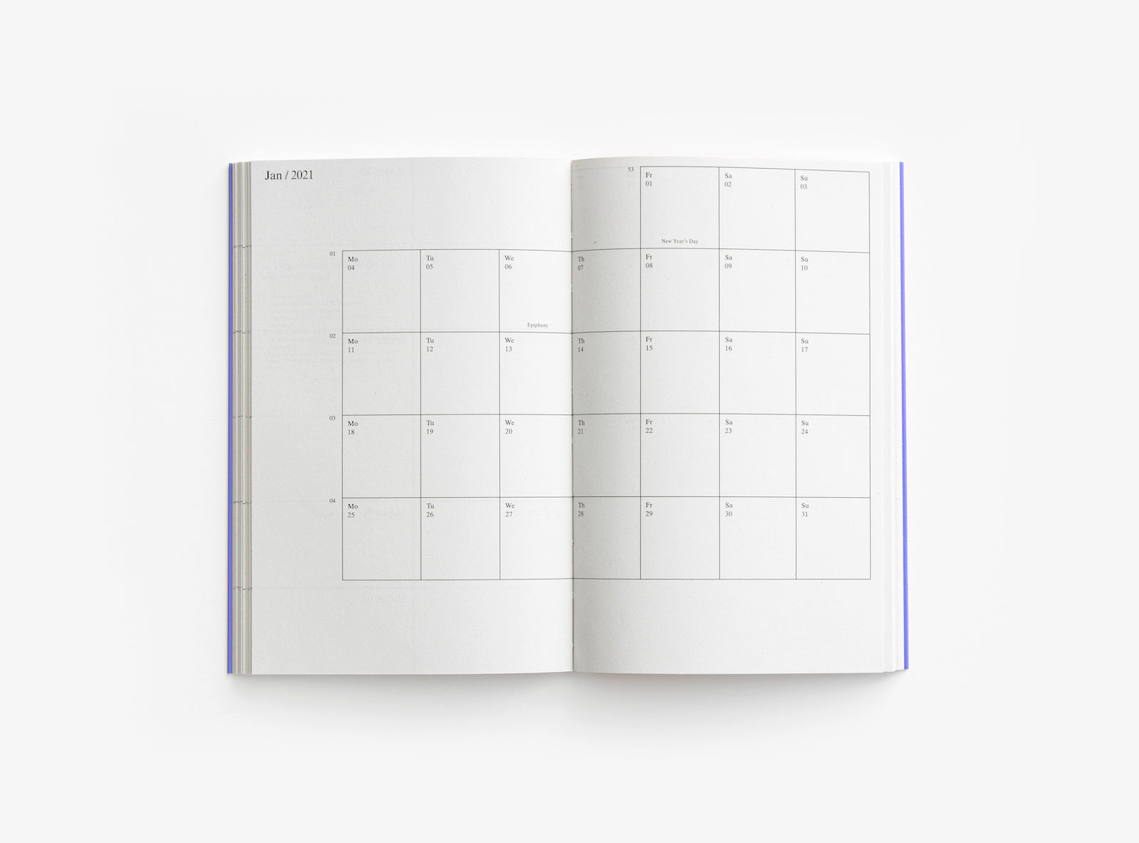 Spread of our 2021 planner showing a month calendar view.