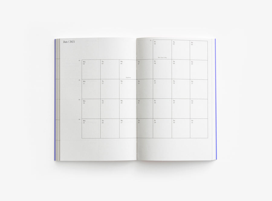 Spread of our 2021 planner showing a month calendar view.