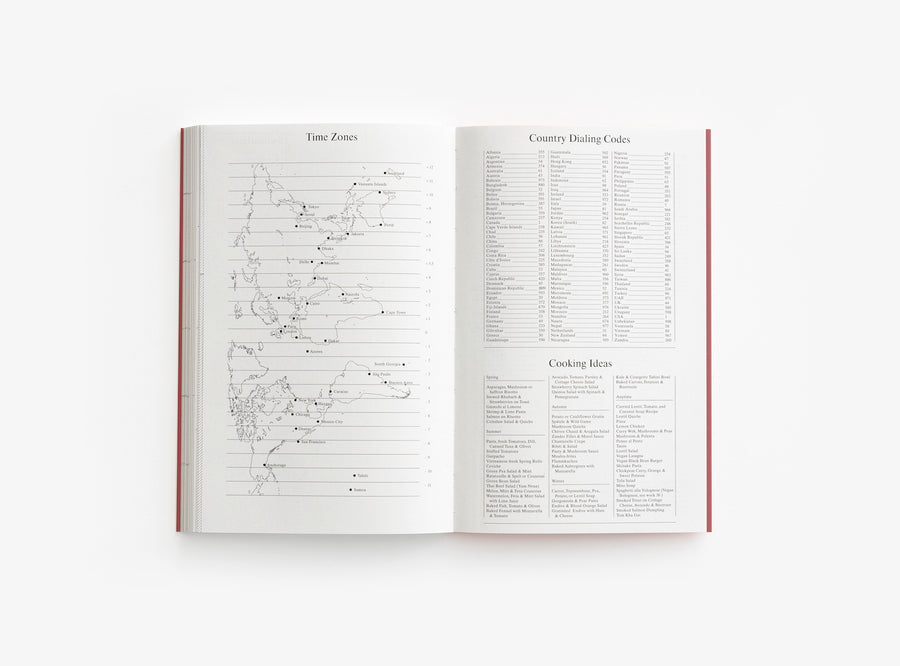 Spread from our 2021 planner with the time zones, country dealing codes and cooking ideas.
