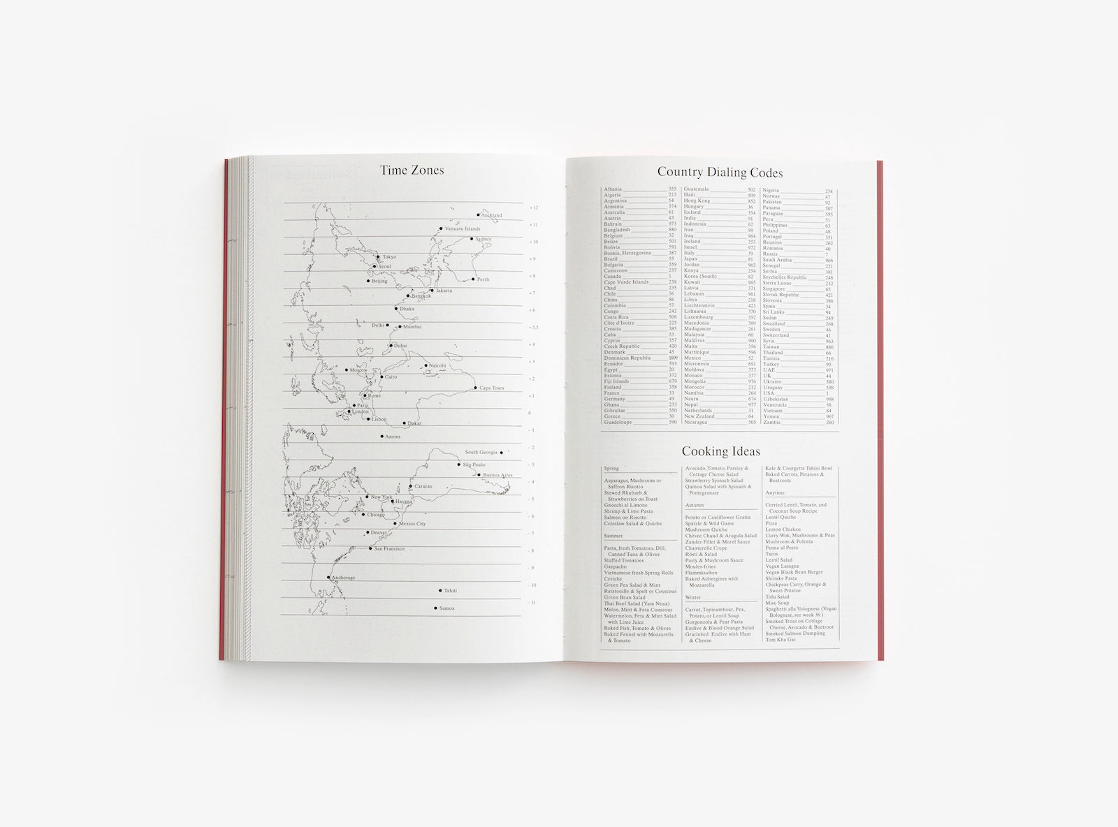 Spread from our 2021 planner with the time zones, country dealing codes and cooking ideas.