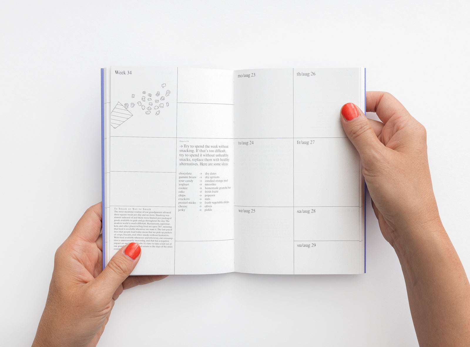 Spread of our 2021 planner with the week view and illustrations.